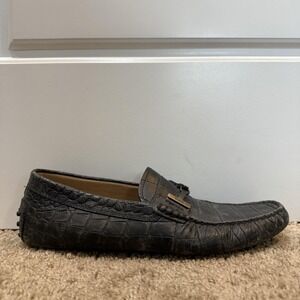 Tod's Shoes Mens Size 8 Black Leather Loafers Croc Embossed Driving Slip On